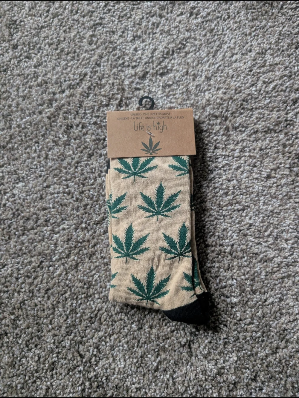 NWT Life is High Beige Crew Socks with Green Weed  Leaf Pattern Unisex One Size
